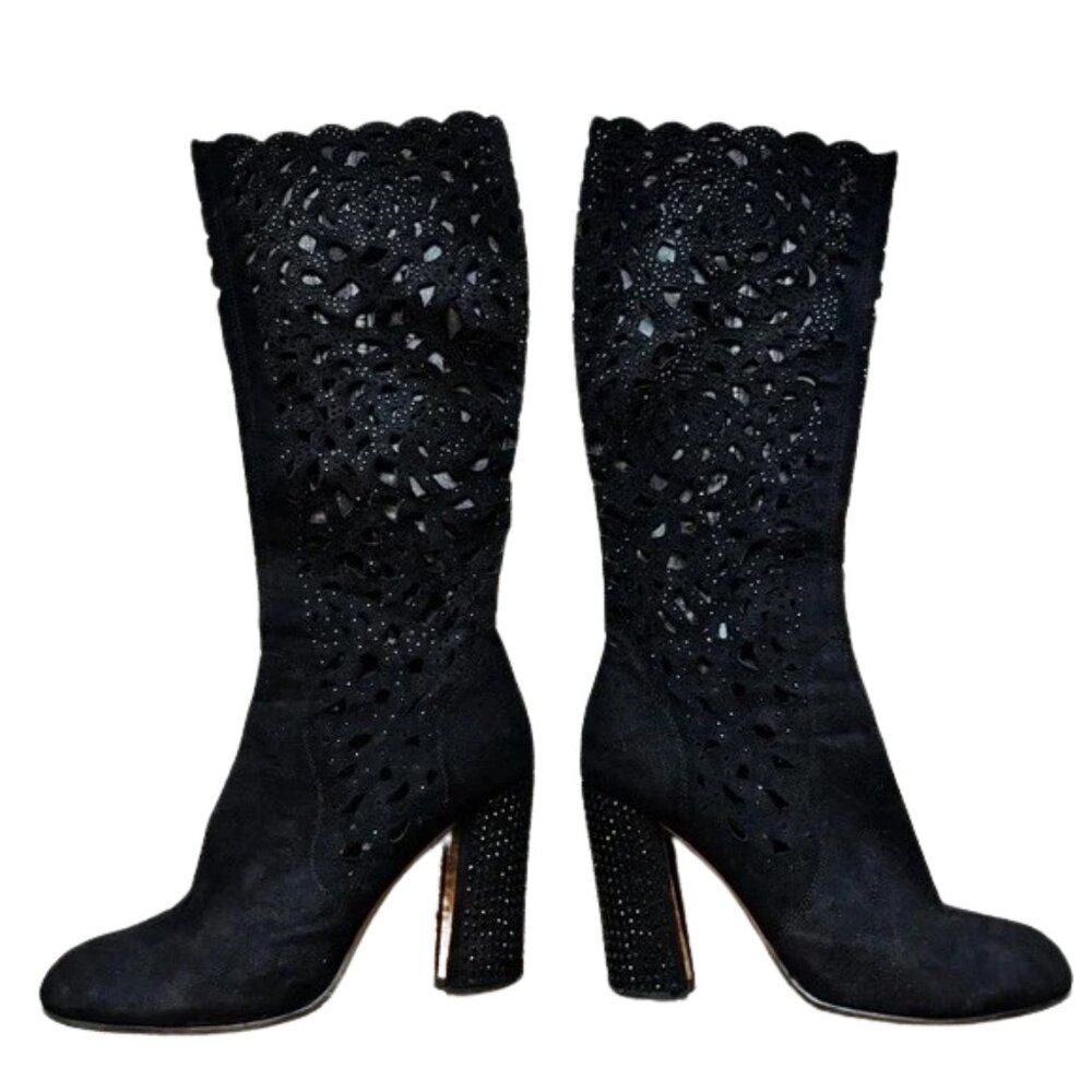 Black Suede Knee-High Boots with Cutout Design size 37